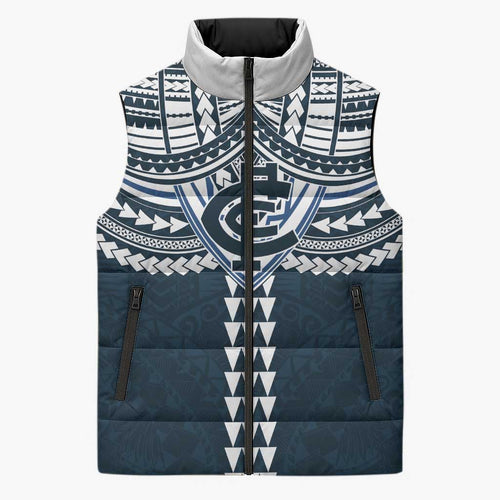 Personalized Carlton Blues Sleeveless Puffer Jacket Polynesian Tribal Pattern Heritage Football
