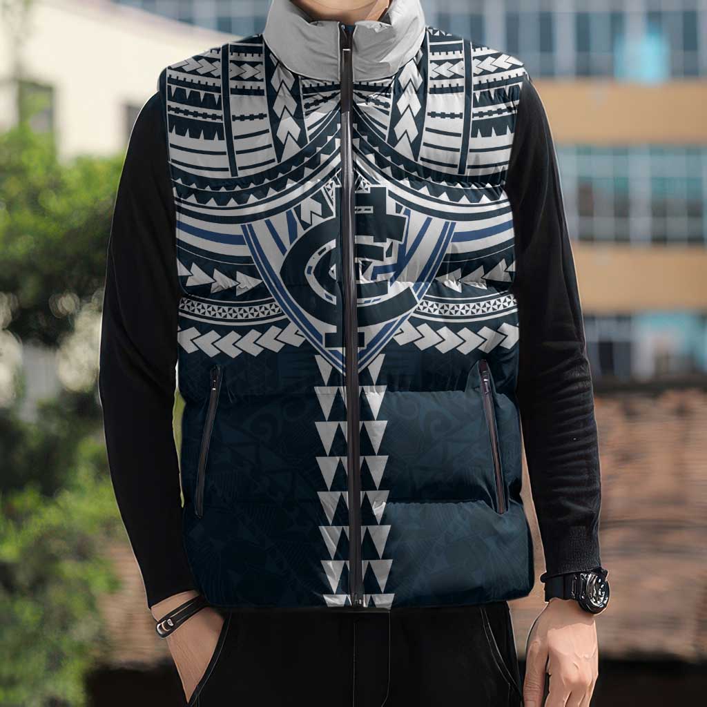 Personalized Carlton Blues Sleeveless Puffer Jacket Polynesian Tribal Pattern Heritage Football