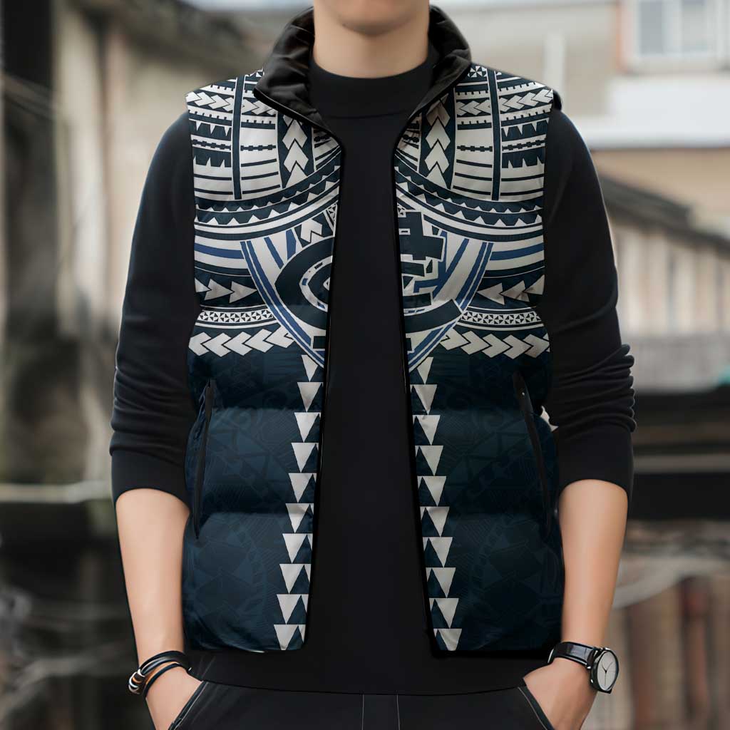 Personalized Carlton Blues Sleeveless Puffer Jacket Polynesian Tribal Pattern Heritage Football