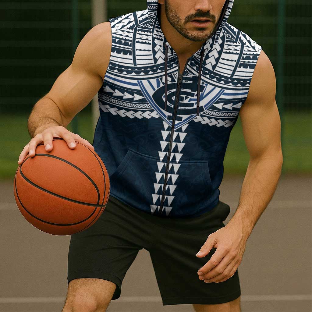 Personalized Carlton Blues Sleeveless Zip Hoodie Polynesian Tribal Pattern Heritage Football
