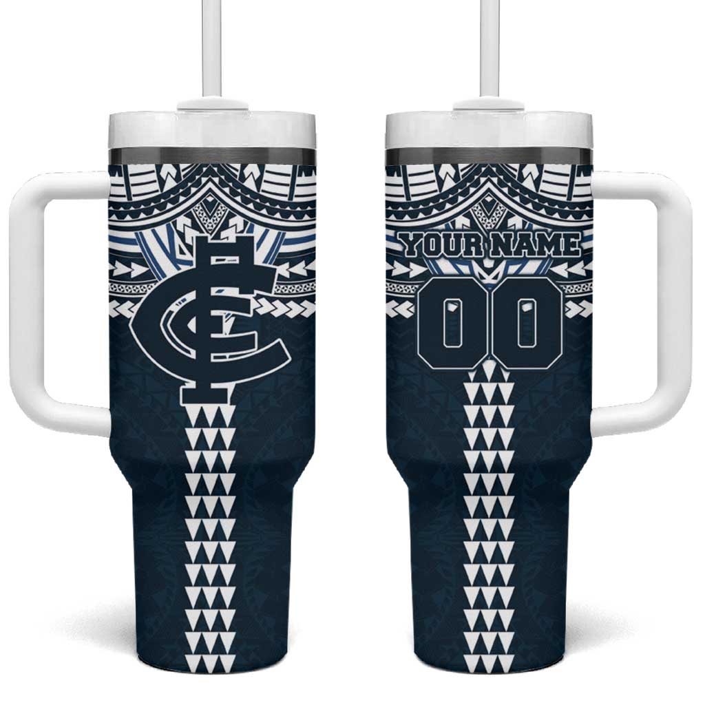 Personalized Carlton Blues Tumbler With Handle Polynesian Tribal Pattern Heritage Football