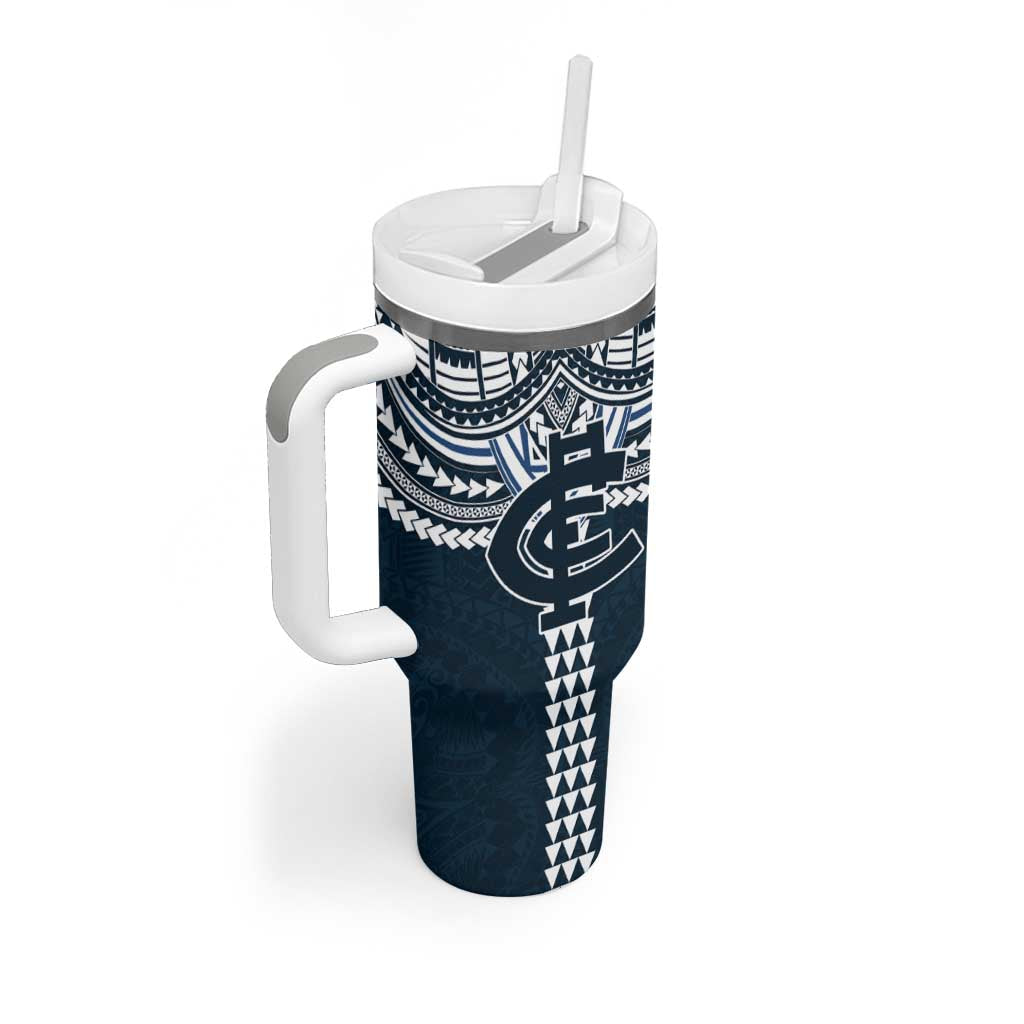 Personalized Carlton Blues Tumbler With Handle Polynesian Tribal Pattern Heritage Football