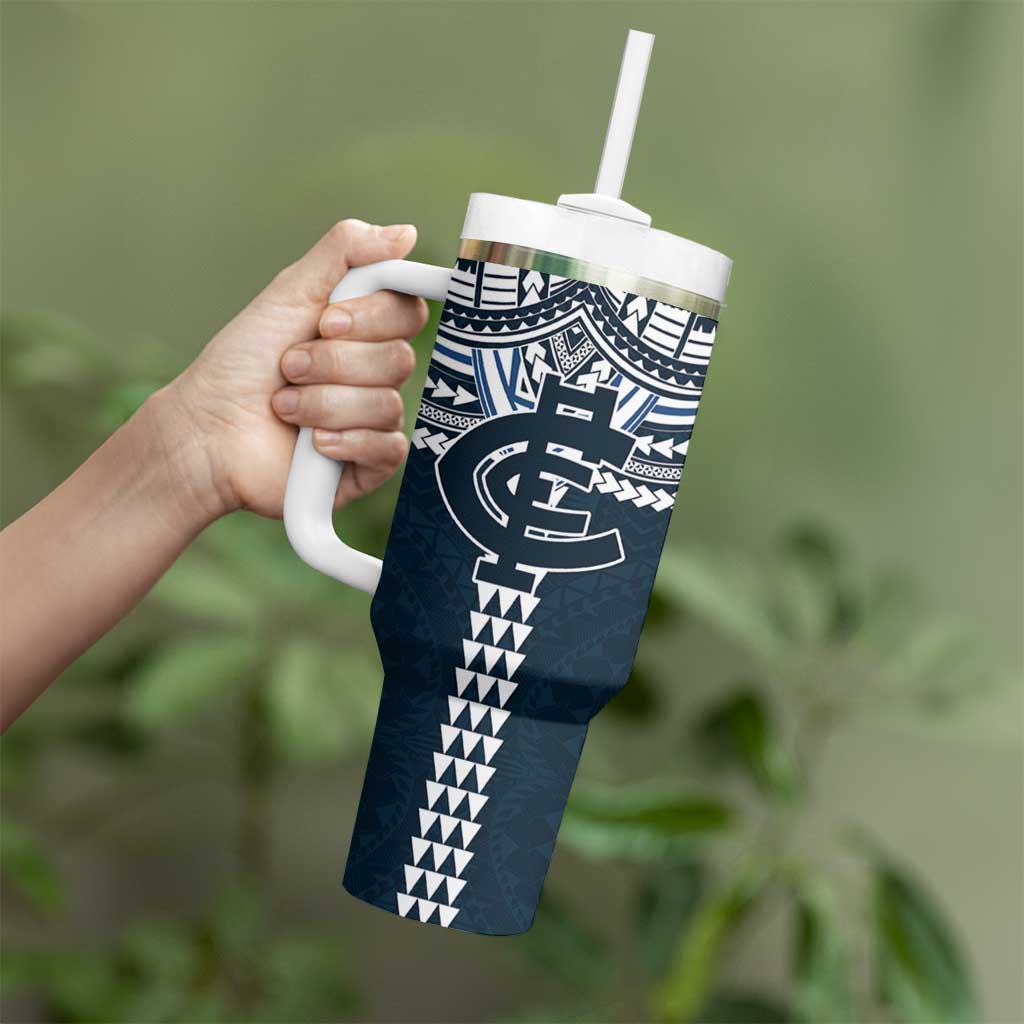 Personalized Carlton Blues Tumbler With Handle Polynesian Tribal Pattern Heritage Football