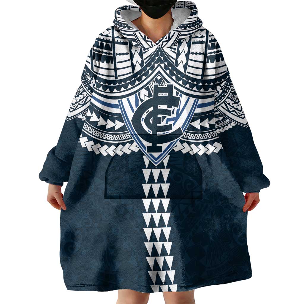 Personalized Carlton Blues Wearable Blanket Hoodie Polynesian Tribal Pattern Heritage Football