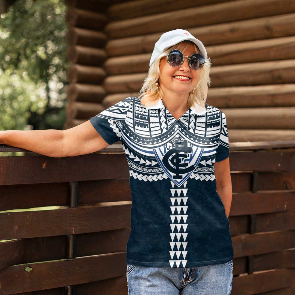 Personalized Carlton Blues Women Polo Shirt Polynesian Tribal Pattern Heritage Football