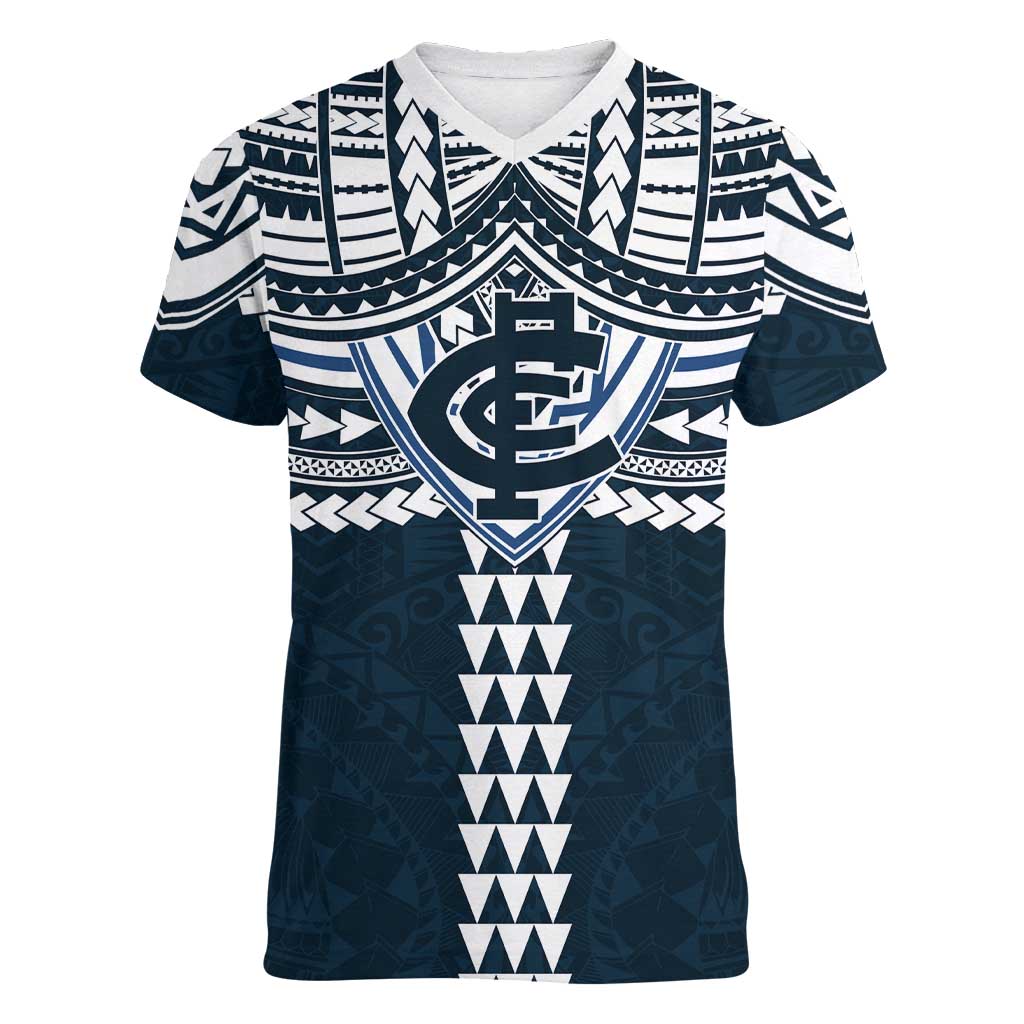 Personalized Carlton Blues Women V-Neck T-Shirt Polynesian Tribal Pattern Heritage Football