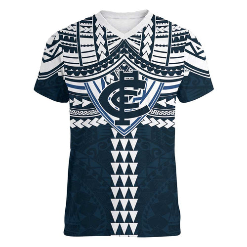 Personalized Carlton Blues Women V-Neck T-Shirt Polynesian Tribal Pattern Heritage Football