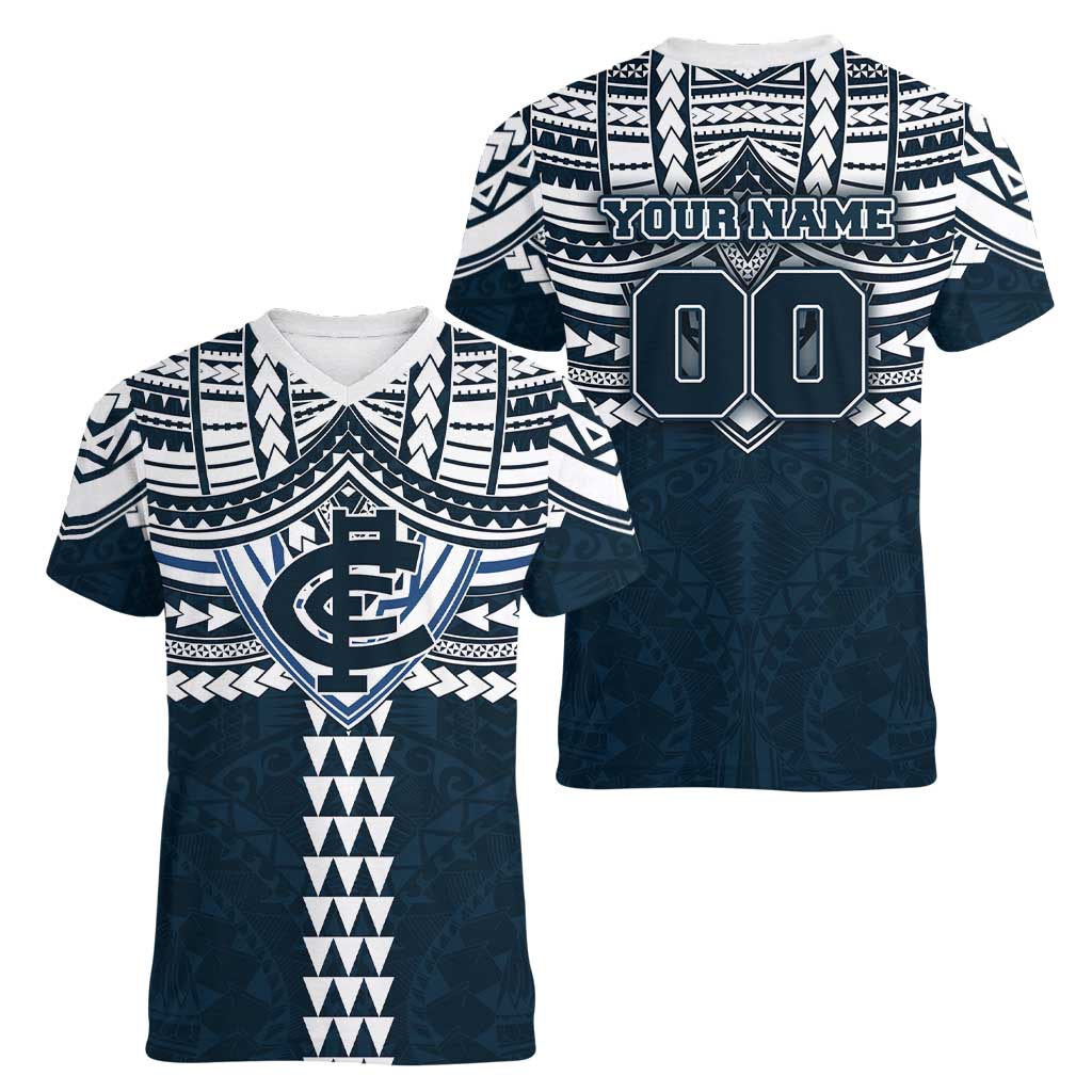 Personalized Carlton Blues Women V-Neck T-Shirt Polynesian Tribal Pattern Heritage Football