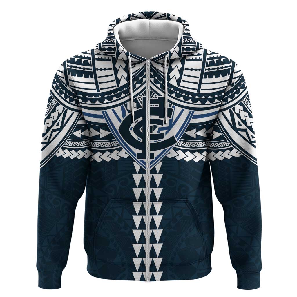 Personalized Carlton Blues Zip Hoodie Polynesian Tribal Pattern Heritage Football