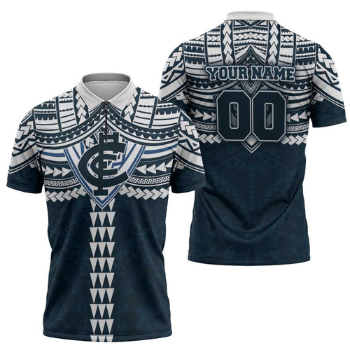 Personalized Carlton Blues Zipper Polo Shirt Polynesian Tribal Pattern Heritage Football