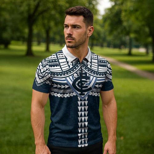 Personalized Carlton Blues Zipper Polo Shirt Polynesian Tribal Pattern Heritage Football
