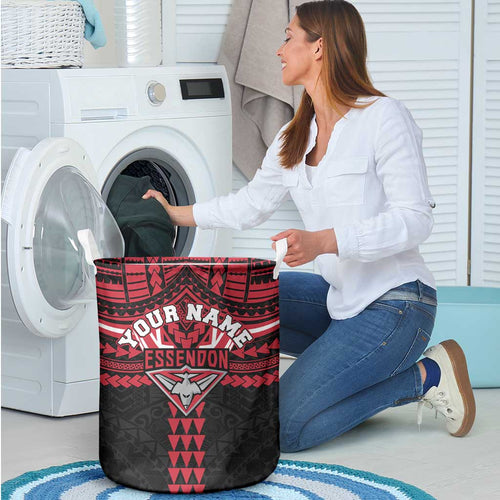 Personalized Essendon Bombers Laundry Basket Polynesian Tribal Pattern Heritage Football