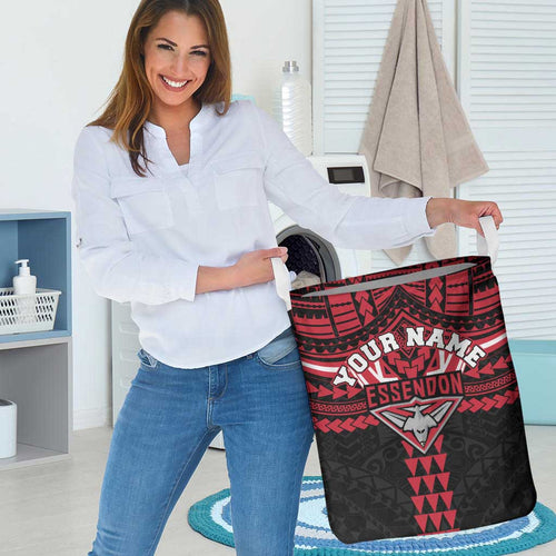Personalized Essendon Bombers Laundry Basket Polynesian Tribal Pattern Heritage Football