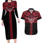 Personalized Essendon Bombers Couples Matching Long Sleeve Bodycon Dress and Hawaiian Shirt Polynesian Tribal Pattern Heritage Football