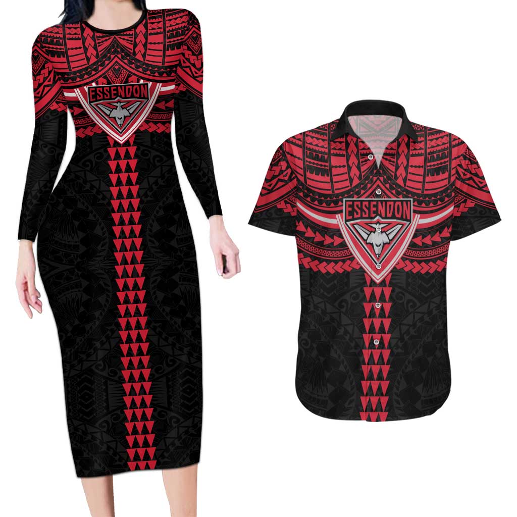 Personalized Essendon Bombers Couples Matching Long Sleeve Bodycon Dress and Hawaiian Shirt Polynesian Tribal Pattern Heritage Football