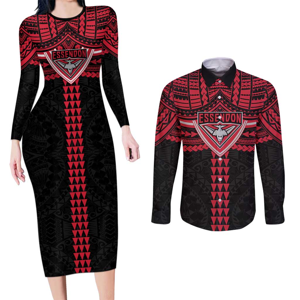 Personalized Essendon Bombers Couples Matching Long Sleeve Bodycon Dress and Long Sleeve Button Shirt Polynesian Tribal Pattern Heritage Football