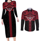 Personalized Essendon Bombers Couples Matching Long Sleeve Bodycon Dress and Long Sleeve Button Shirt Polynesian Tribal Pattern Heritage Football