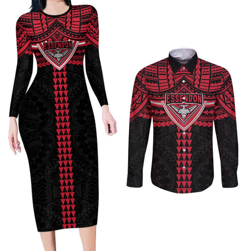 Personalized Essendon Bombers Couples Matching Long Sleeve Bodycon Dress and Long Sleeve Button Shirt Polynesian Tribal Pattern Heritage Football