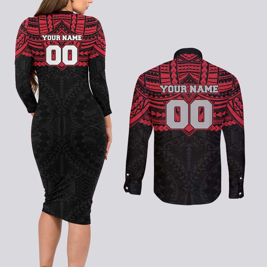 Personalized Essendon Bombers Couples Matching Long Sleeve Bodycon Dress and Long Sleeve Button Shirt Polynesian Tribal Pattern Heritage Football