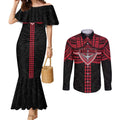 Personalized Essendon Bombers Couples Matching Mermaid Dress and Long Sleeve Button Shirt Polynesian Tribal Pattern Heritage Football