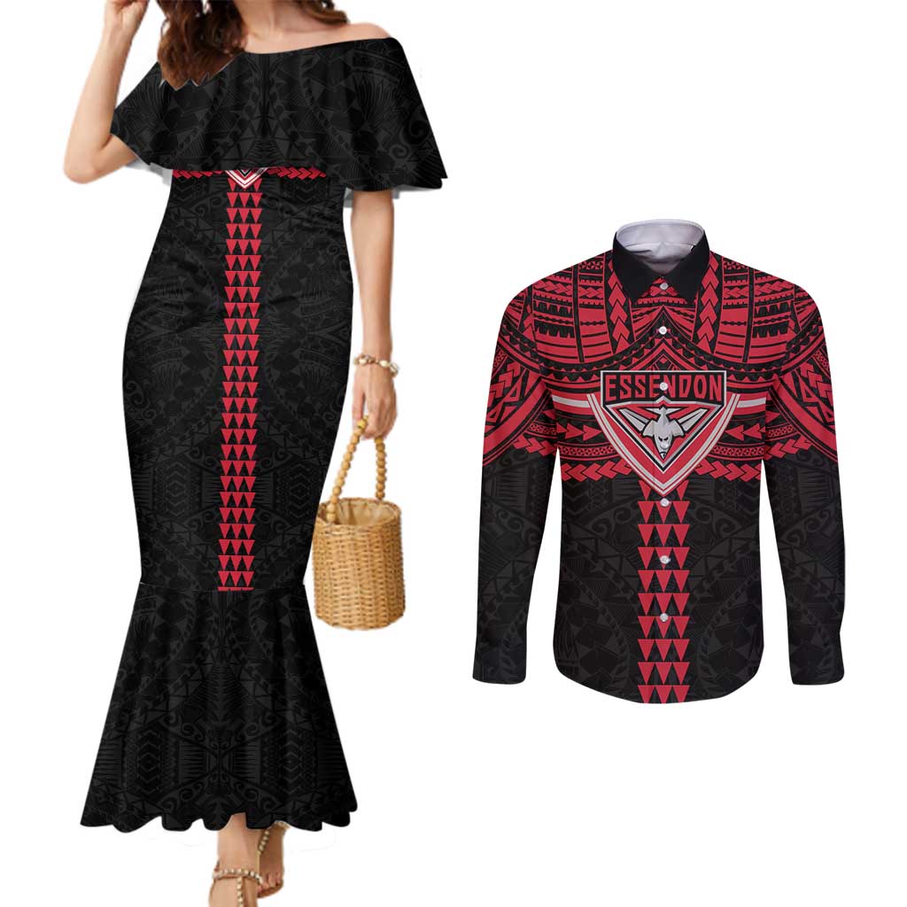 Personalized Essendon Bombers Couples Matching Mermaid Dress and Long Sleeve Button Shirt Polynesian Tribal Pattern Heritage Football