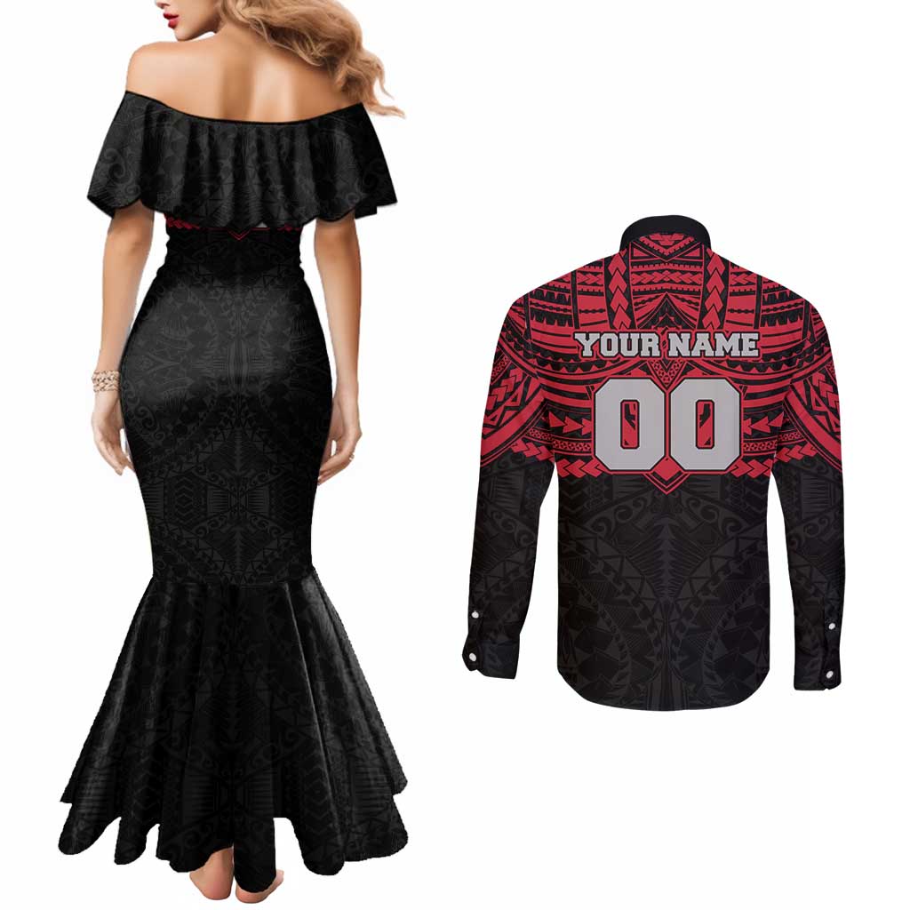 Personalized Essendon Bombers Couples Matching Mermaid Dress and Long Sleeve Button Shirt Polynesian Tribal Pattern Heritage Football