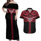 Personalized Essendon Bombers Couples Matching Off Shoulder Maxi Dress and Hawaiian Shirt Polynesian Tribal Pattern Heritage Football