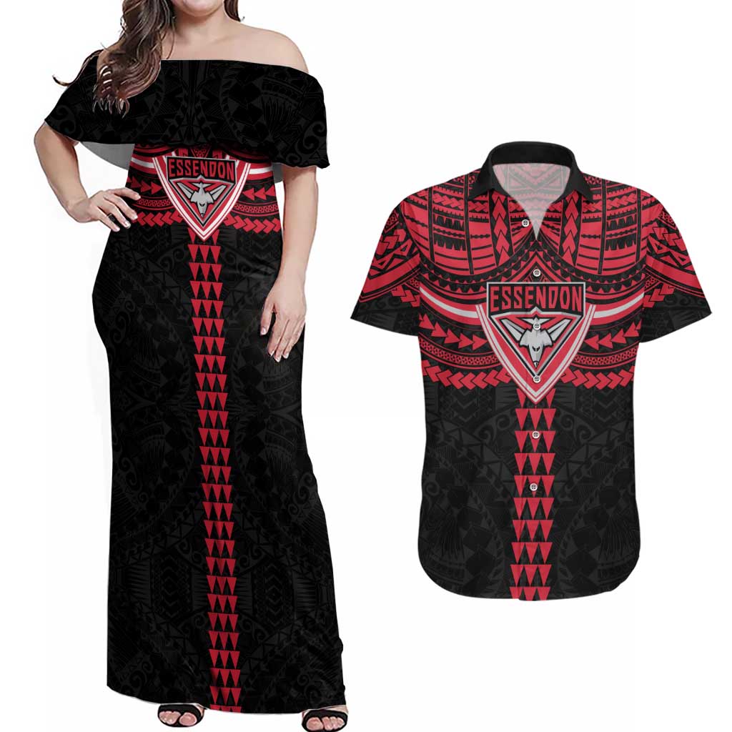 Personalized Essendon Bombers Couples Matching Off Shoulder Maxi Dress and Hawaiian Shirt Polynesian Tribal Pattern Heritage Football