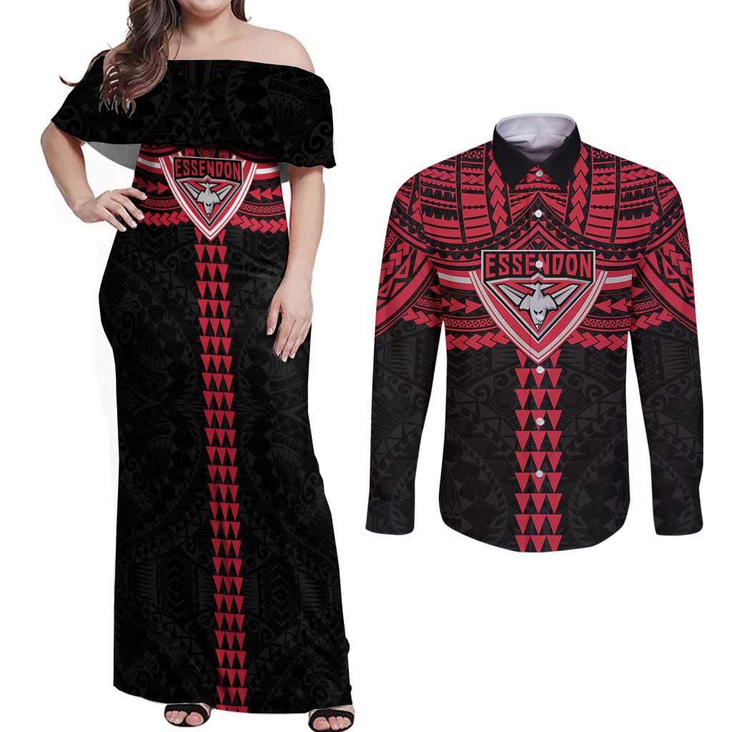 Personalized Essendon Bombers Couples Matching Off Shoulder Maxi Dress and Long Sleeve Button Shirt Polynesian Tribal Pattern Heritage Football
