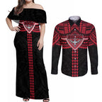 Personalized Essendon Bombers Couples Matching Off Shoulder Maxi Dress and Long Sleeve Button Shirt Polynesian Tribal Pattern Heritage Football