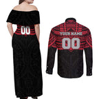 Personalized Essendon Bombers Couples Matching Off Shoulder Maxi Dress and Long Sleeve Button Shirt Polynesian Tribal Pattern Heritage Football