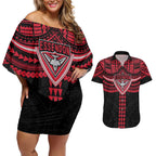 Personalized Essendon Bombers Couples Matching Off Shoulder Short Dress and Hawaiian Shirt Polynesian Tribal Pattern Heritage Football