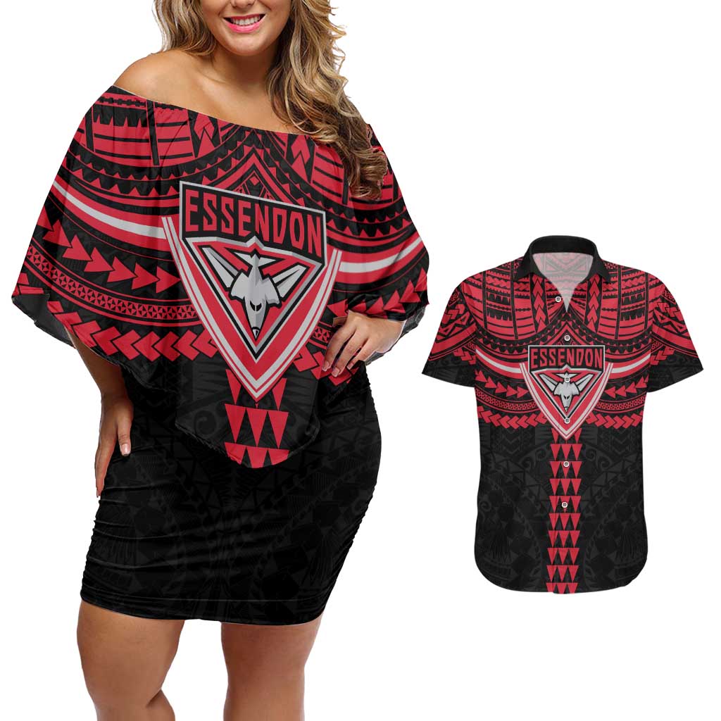 Personalized Essendon Bombers Couples Matching Off Shoulder Short Dress and Hawaiian Shirt Polynesian Tribal Pattern Heritage Football