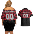 Personalized Essendon Bombers Couples Matching Off Shoulder Short Dress and Hawaiian Shirt Polynesian Tribal Pattern Heritage Football