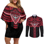 Personalized Essendon Bombers Couples Matching Off Shoulder Short Dress and Long Sleeve Button Shirt Polynesian Tribal Pattern Heritage Football
