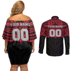 Personalized Essendon Bombers Couples Matching Off Shoulder Short Dress and Long Sleeve Button Shirt Polynesian Tribal Pattern Heritage Football