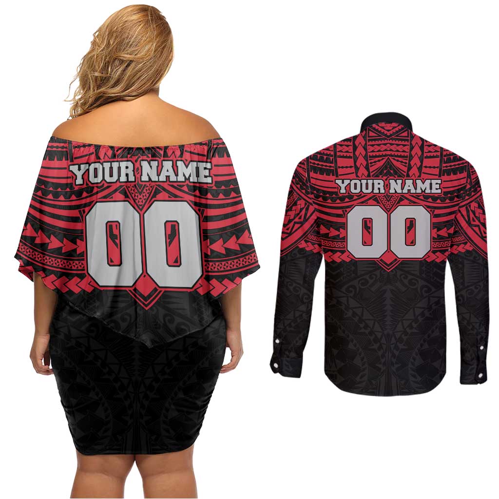 Personalized Essendon Bombers Couples Matching Off Shoulder Short Dress and Long Sleeve Button Shirt Polynesian Tribal Pattern Heritage Football
