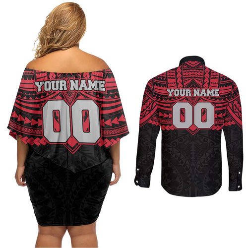 Personalized Essendon Bombers Couples Matching Off Shoulder Short Dress and Long Sleeve Button Shirt Polynesian Tribal Pattern Heritage Football