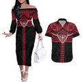 Personalized Essendon Bombers Couples Matching Off The Shoulder Long Sleeve Dress and Hawaiian Shirt Polynesian Tribal Pattern Heritage Football