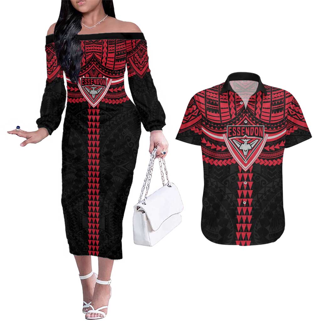 Personalized Essendon Bombers Couples Matching Off The Shoulder Long Sleeve Dress and Hawaiian Shirt Polynesian Tribal Pattern Heritage Football