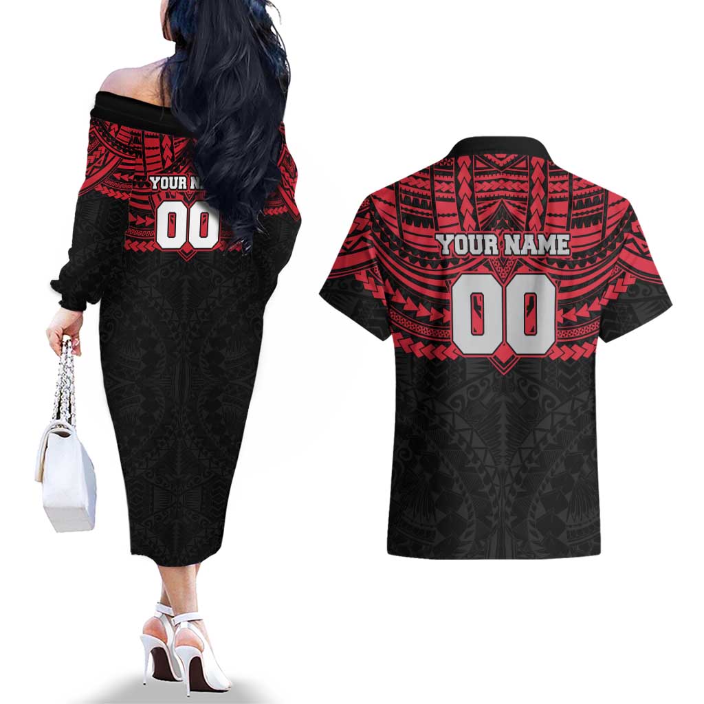 Personalized Essendon Bombers Couples Matching Off The Shoulder Long Sleeve Dress and Hawaiian Shirt Polynesian Tribal Pattern Heritage Football
