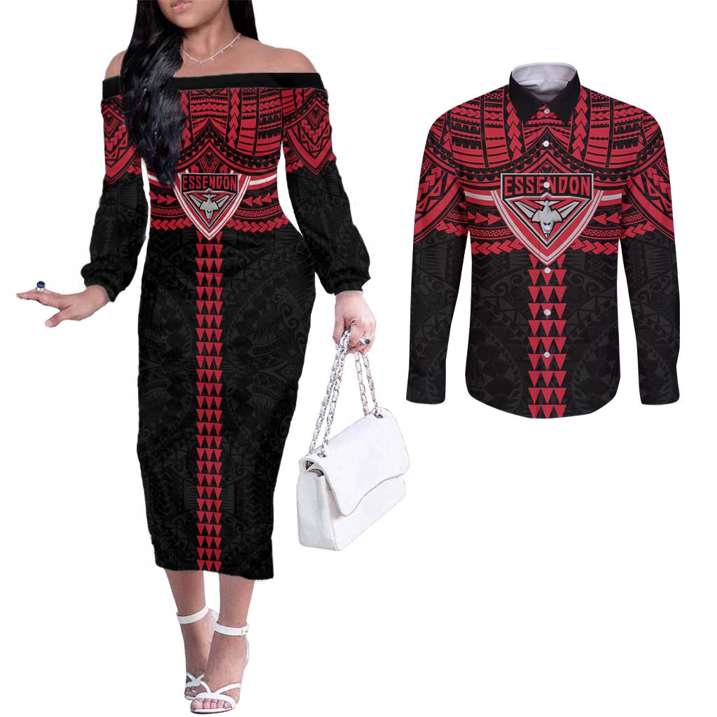 Personalized Essendon Bombers Couples Matching Off The Shoulder Long Sleeve Dress and Long Sleeve Button Shirt Polynesian Tribal Pattern Heritage Football