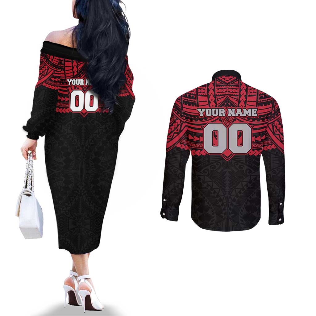 Personalized Essendon Bombers Couples Matching Off The Shoulder Long Sleeve Dress and Long Sleeve Button Shirt Polynesian Tribal Pattern Heritage Football