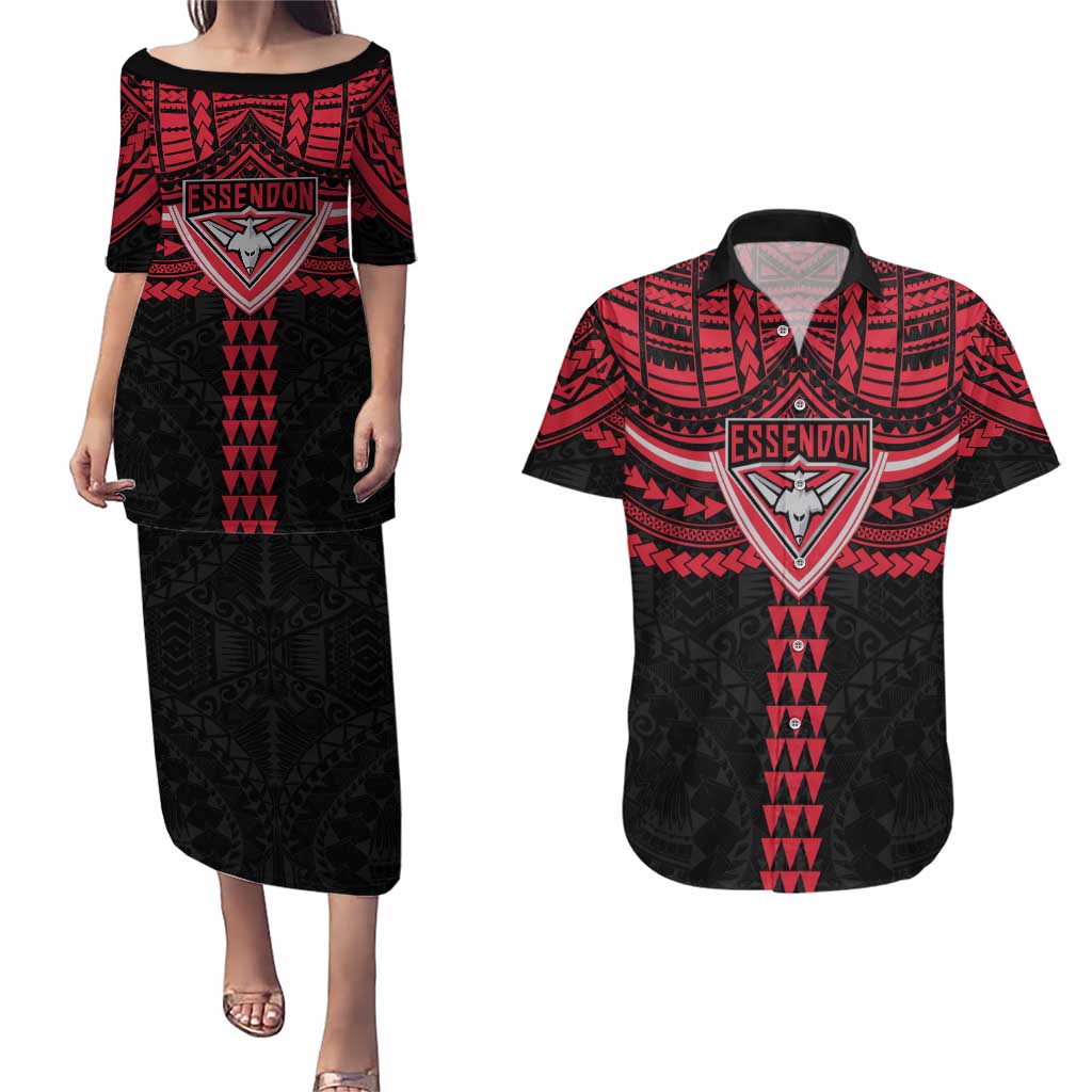 Personalized Essendon Bombers Couples Matching Puletasi and Hawaiian Shirt Polynesian Tribal Pattern Heritage Football