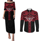 Personalized Essendon Bombers Couples Matching Puletasi and Long Sleeve Button Shirt Polynesian Tribal Pattern Heritage Football