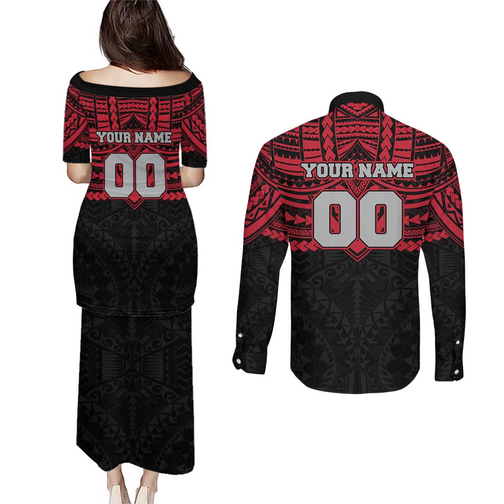 Personalized Essendon Bombers Couples Matching Puletasi and Long Sleeve Button Shirt Polynesian Tribal Pattern Heritage Football