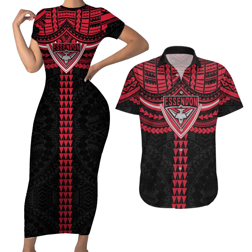 Personalized Essendon Bombers Couples Matching Short Sleeve Bodycon Dress and Hawaiian Shirt Polynesian Tribal Pattern Heritage Football