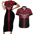 Personalized Essendon Bombers Couples Matching Short Sleeve Bodycon Dress and Hawaiian Shirt Polynesian Tribal Pattern Heritage Football