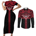 Personalized Essendon Bombers Couples Matching Short Sleeve Bodycon Dress and Long Sleeve Button Shirt Polynesian Tribal Pattern Heritage Football