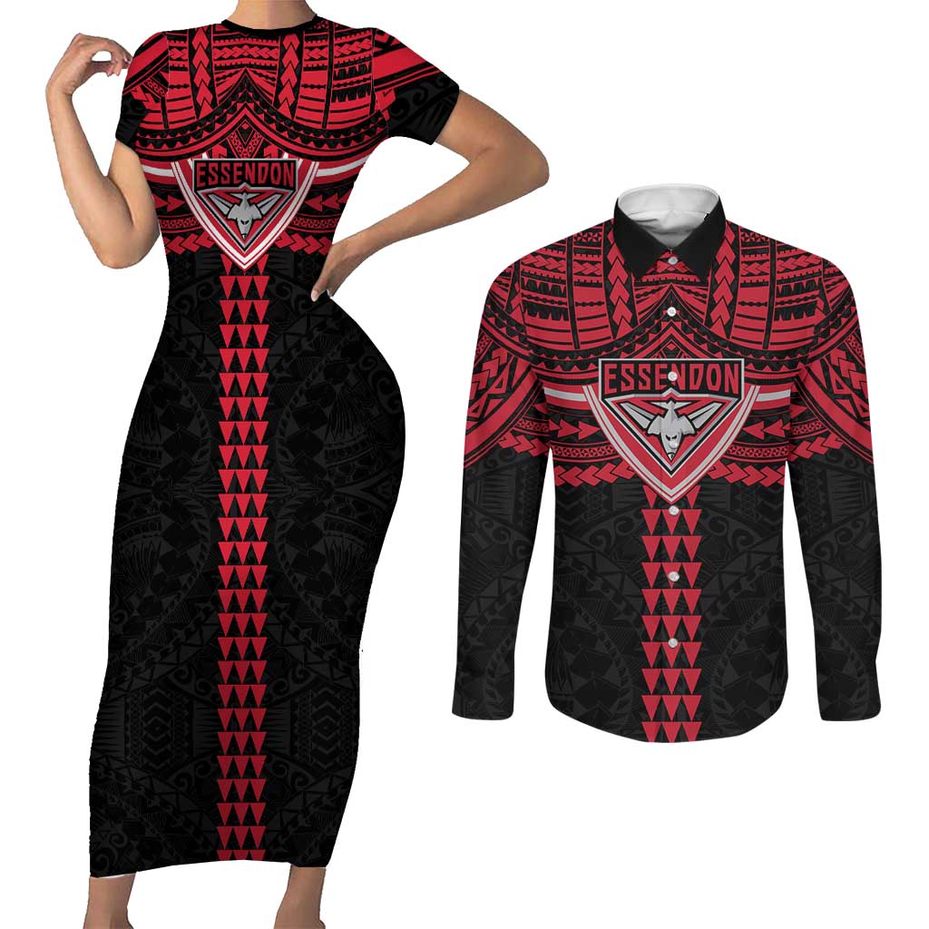 Personalized Essendon Bombers Couples Matching Short Sleeve Bodycon Dress and Long Sleeve Button Shirt Polynesian Tribal Pattern Heritage Football